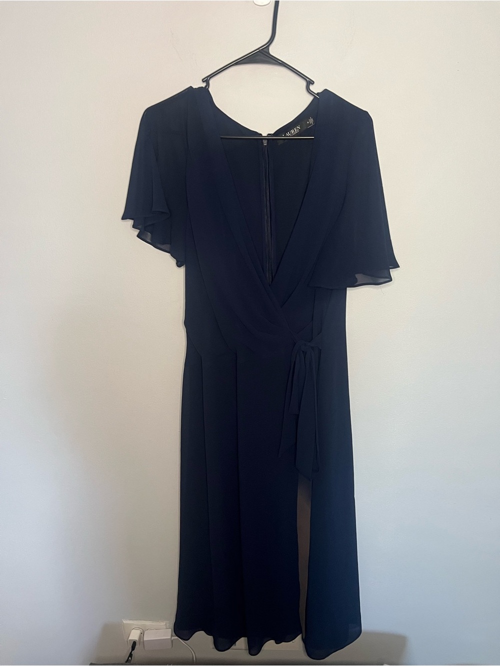 Ralph Lauren Navy Wrap Midi  with Flutter Sleeves Belted Georgette Dress size 14 - Picture 3 of 13